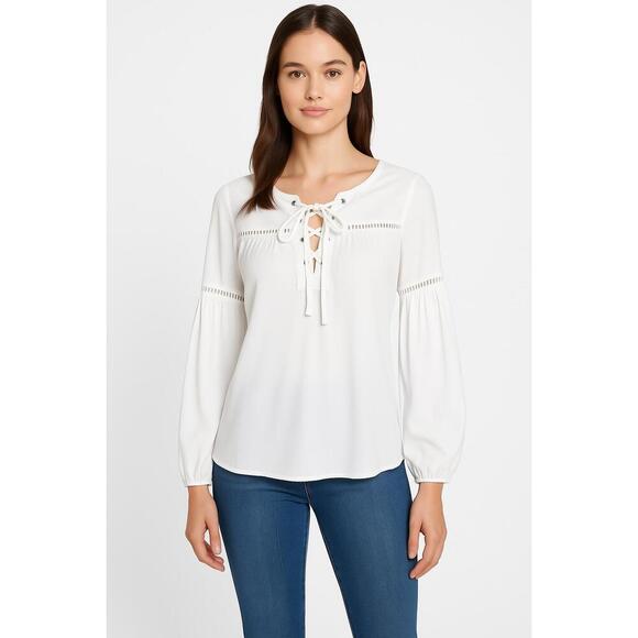 White Long Sleeves Lace Up Front Peasant Blouse Feminine Relaxed Fit Womens M - Picture 1 of 7